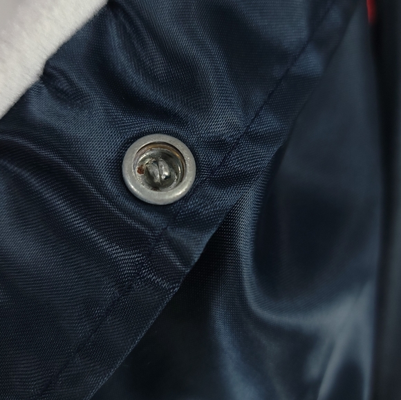 Vtg Bud Light Snap Front Satin Jacket Men's Large Navy Blue Nylon Distressed - Picture 13 of 14